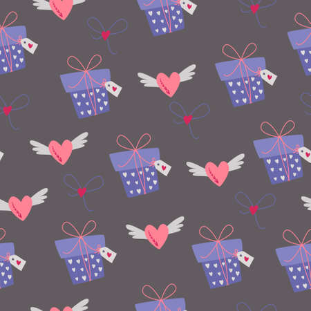 simple seamless pattern. Gifts and hearts with wings. Valentine's Day background. Flat design in boho style.のイラスト素材
