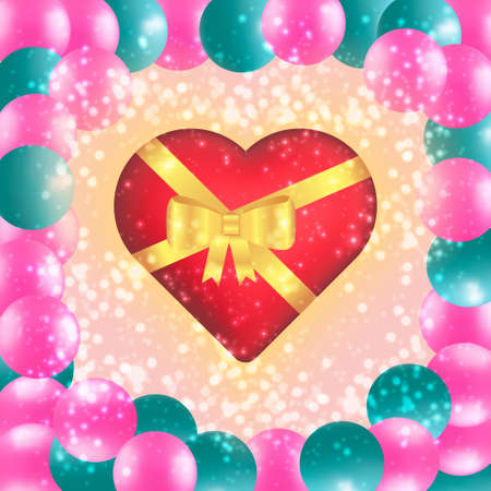 A heart with a gift bow. 3d heart on the background of the sky and balloons.のイラスト素材