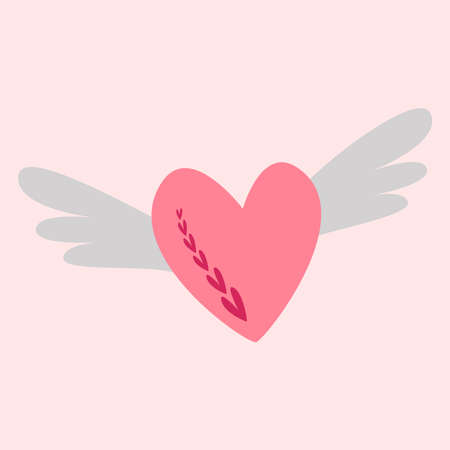 Pink heart with wings. Vector image in boho style. valentine's day. A greeting card with a declaration of love.のイラスト素材