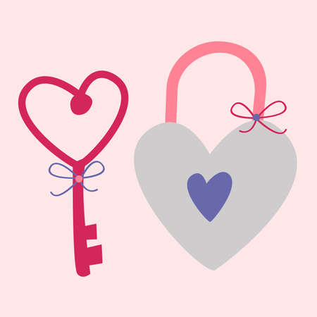 Lock and key on a pink background. Vector image in boho style. valentine's day. A greeting card with a declaration of love.のイラスト素材