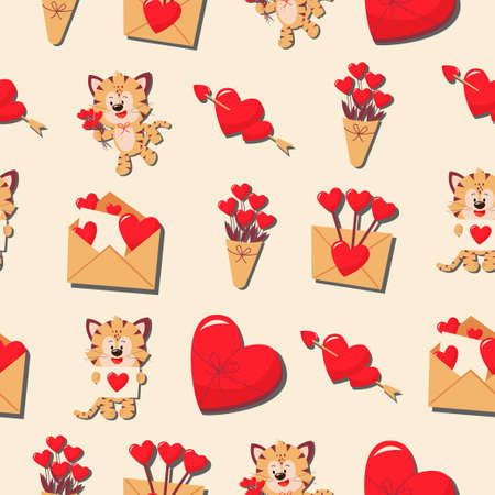 Hearts flowers and tiger cubes. Vector pattern in a flat style. simple seamless pattern. Valentine's Day background.のイラスト素材