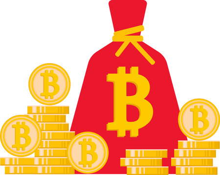 The bitcoins are folded and packed in a red bag. A mountain of bitcoins, coins. Cryptocurrency.のイラスト素材