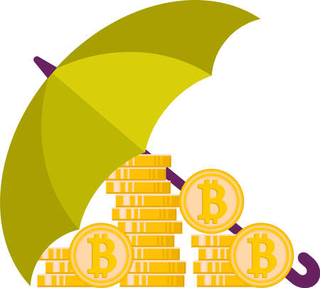 A flat illustration of a pile of bitcoins under an umbrella. Reliability and security, money protection, e-commerce, blockchain, the concept of cryptocurrency.のイラスト素材
