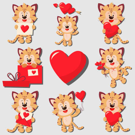 Tigers in love. A set of love stickers.のイラスト素材