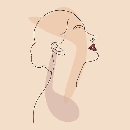 portrait. A woman's face and colored spots. A continuous line of a portrait of a girl. Continuous drawing in one line. Vector illustration in a simple modern style.のイラスト素材