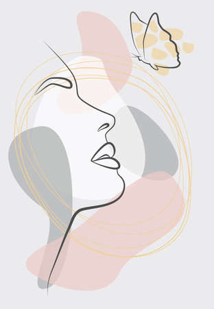 A woman's face with a butterfly composition. Hand-drawn vector linear illustration. Drawing in the style of a single line. Portraitのイラスト素材
