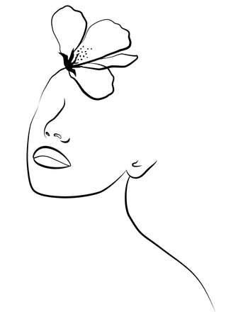 Fashionable abstract female face with one line with abstract shapes. A woman's face. Portrait.のイラスト素材