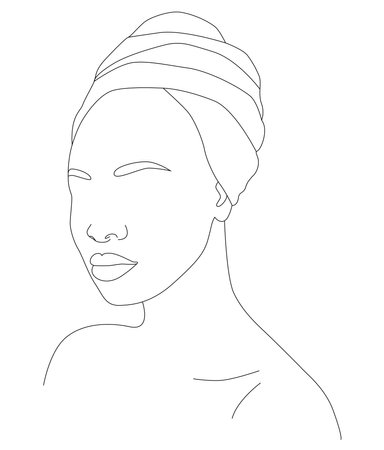 The face is one line. An African woman in a traditional headdress. Avatar of a girl with a scarf on. portrait of a girl. Vector flat illustration.のイラスト素材