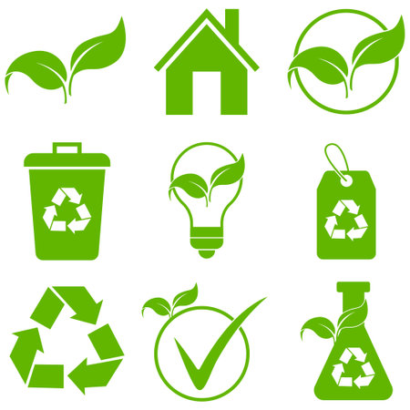 Bio and ecology. Contains icons such as Leaf, Ecology, Environment, Light Bulb, Climate Change, Waste Recycling.のイラスト素材