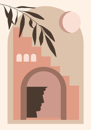abstract poster. Minimalist boho print. old town style. Abstract postcards with elements of Moroccan architecture. Modern aesthetic illustration with geometric urban landscape, stairs, vases.のイラスト素材