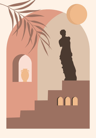 abstract poster. Minimalist boho print. old town style. Abstract postcards with elements of Moroccan architecture. Modern aesthetic illustration with geometric urban landscape, stairs, vases.のイラスト素材