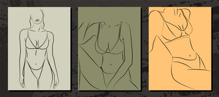 Set of abstract minimalistic female figures. Vector fashion illustration of a female body in a linear style. elegant art. portrait and figure line.のイラスト素材