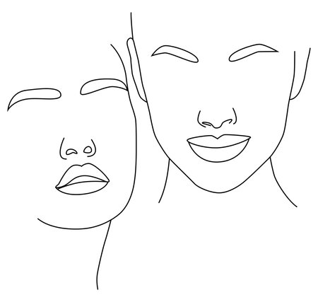 Girl. Continuous line, drawing many faces and hairstyles, fashion concept, minimalist female beauty, vector illustration for T-shirt, slogan design, print style, graphics.のイラスト素材