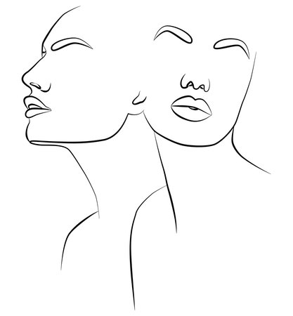 Portrait along the lines. Drawing of a woman. Drawing in the style of one line. The art of drawing lines of a girl's face, portrait, abstract linear art, face in one line.のイラスト素材
