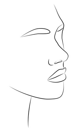 Portrait. Minimalistic silhouette of a female face. Noir et blanc. White background. Drawing a single line.のイラスト素材