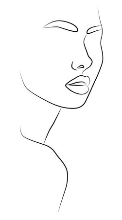 Portrait. Minimalistic silhouette of a female face. Noir et blanc. White background. Drawing a single line.のイラスト素材