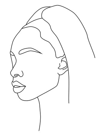 Portrait along the lines. Abstract artistic drawing of a female face line. Female face continuous drawing of lines. Abstract minimal female portrait. Logo, icon.のイラスト素材