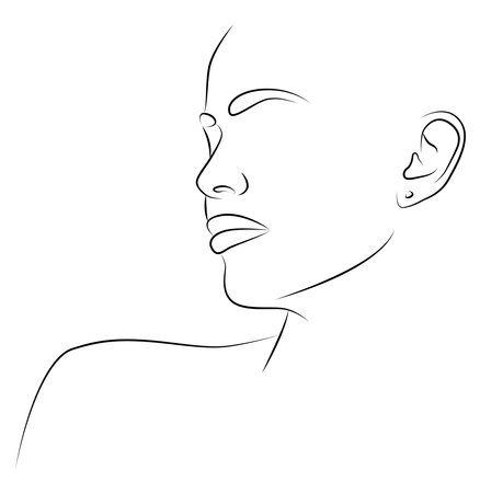 Portrait by line. Drawing of a woman. Artistic drawing of the female face line. Minimalistic feminine illustration for wall decor, print, poster, social networks. Abstract Women's Art.のイラスト素材