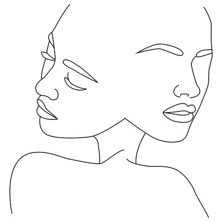 Portrait along the lines. Drawing of a woman. Drawing in the style of one line. The art of drawing lines of a girl's face, portrait, abstract linear art, face in one line.のイラスト素材