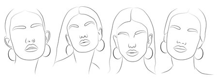 A set of portraits. Cute minimalistic drawings of a woman with jewelry. Face and earrings in the ears. Graphic drawing in linear style. Beauty and fashion.のイラスト素材