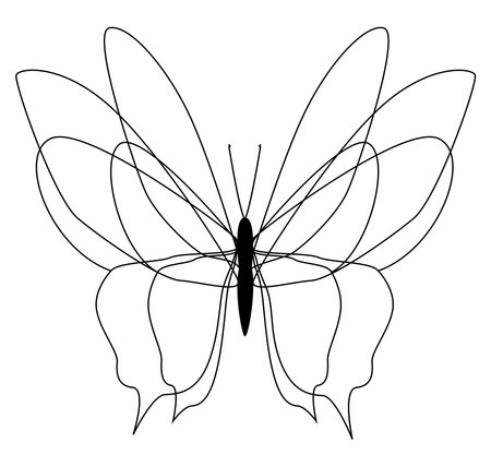 Butterfly. Vector minimal graphic drawing of a butterfly with a contour line. Colorless coloring book with a butterfly pattern in one line.のイラスト素材