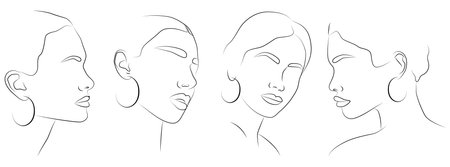 A set of portraits. Cute minimalistic drawings of a woman with jewelry.のイラスト素材