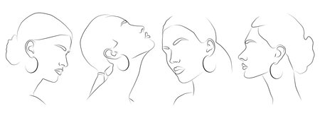 A set of portraits. Cute minimalistic drawings of a woman with jewelry.のイラスト素材