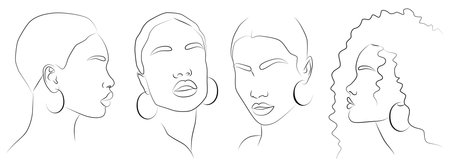 A set of portraits. Cute minimalistic drawings of a woman with jewelry.のイラスト素材