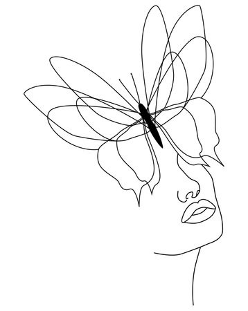 Butterfly. Butterfly face, continuous line, face and hairstyle drawingのイラスト素材