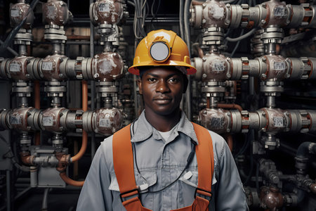 Portrait of worker in uniform and hardhat standing at industrial plant.の素材