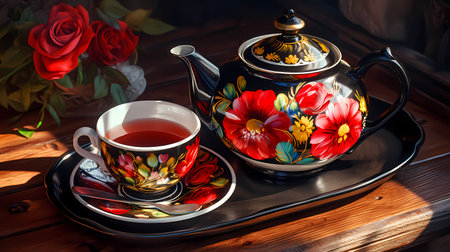 Teapot and cup of tea with red roses on wooden table. Khokhlomaの素材
