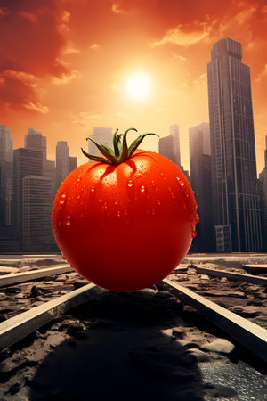 Big red tomato on the rails against the background of the modern city.の素材