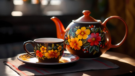 Cup of tea and teapot on a wooden table. Khokhlomaの素材