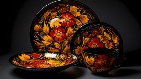 Traditional Russian porcelain bowl with floral pattern on a black background. Khokhlomaの素材