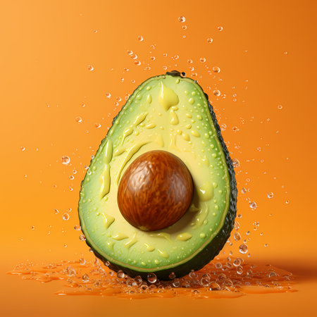 Avocado with water drops isolated on orange backgroundの素材