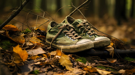 Sneakers on the ground in the autumn forestの素材