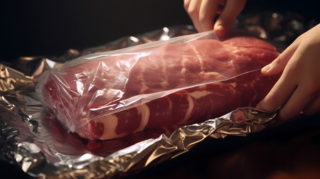 Close-up image of woman's hands wrapping meat in plastic bagの素材