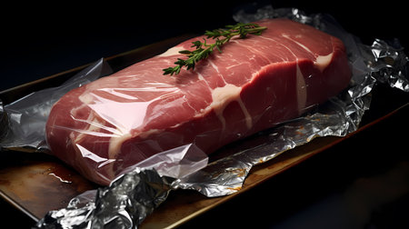 Raw pork tenderloin with rosemary on a black background.の素材