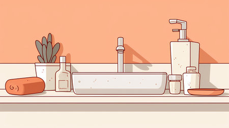 Bathroom interior with bathtub, towel, shampoo, soap and toiletriesの素材