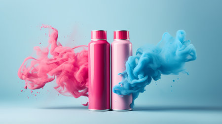 Pink and blue paint spray bottles on blue background.の素材