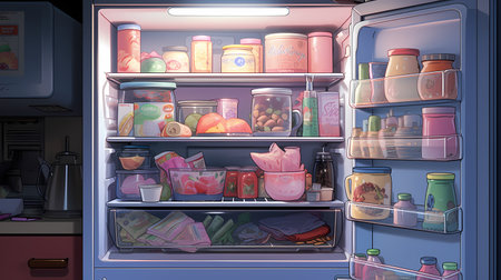 Refrigerator full of food and drinksの素材