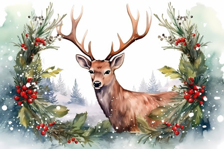 Christmas greeting card with deer and wreathの素材