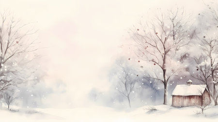 Winter landscape with snowfall, trees and wooden house. Christmas background.の素材