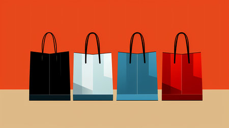 Shopping bags in different colors on orange background. Cyber Mondayの素材