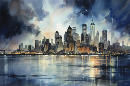 Illustration of city skyline with skyscrapers and reflections. Watercolorの素材