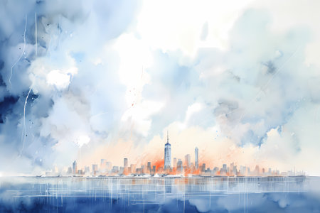 Modern cityscape with skyscrapers and cloudy sky. Watercolorの素材