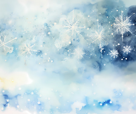Watercolor winter background with snowflakes and clouds.の素材