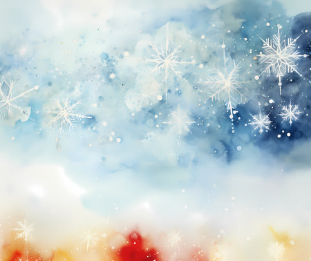 Watercolor winter background with snowflakes and bokeh lightsの素材