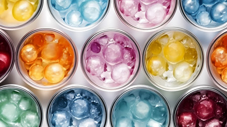 Close-up of colorful watercolors in jars on white backgroundの素材