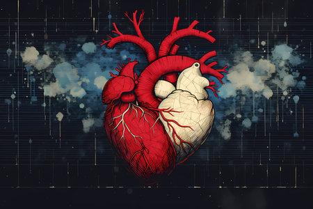 Digital illustration of human heart in digital backgroundの素材